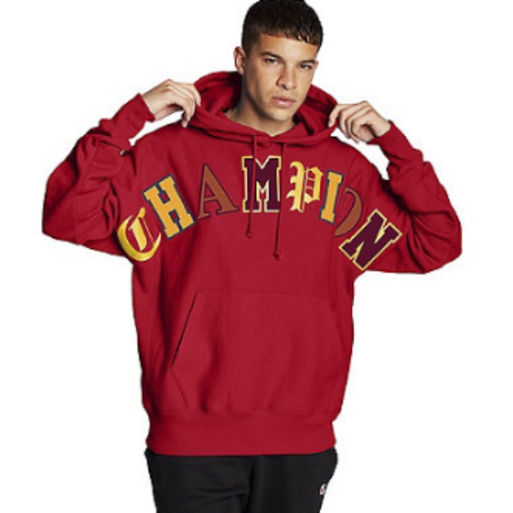New Red Champion Hoodie Old English Reverse Weave